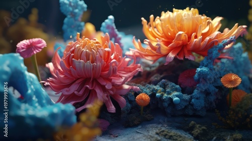 Explore a vibrant ecosystem of otherworldly beauty where floral elegance meets deep-sea mystery.