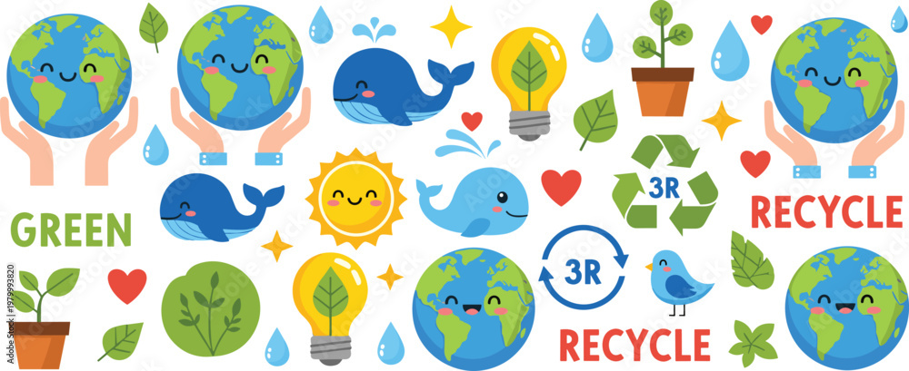 Naklejka premium Eco friendly sustainability icons set with recycling earth water energy plants and green environment elements vector illustration collection