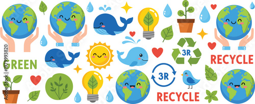 Eco friendly sustainability icons set with recycling earth water energy plants and green environment elements vector illustration collection