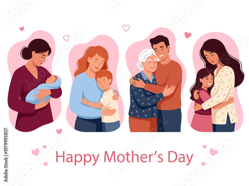 Happy Mother's Day Greeting Card Illustration with Diverse Mothers and Children Hugging, Multi-generational Family Love Concept
