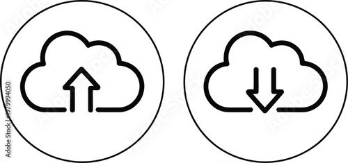 Cloud upload and download circular line icons for data transfer and network storage interface management tasks