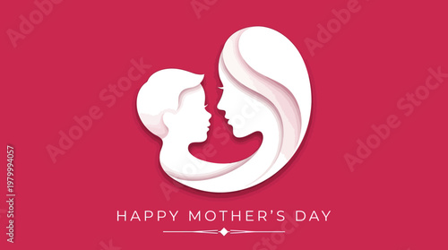 Happy Mother's Day Greeting Card Illustration with Elegant Paper Cut Silhouette of Mother and Child on Vibrant Pink Background