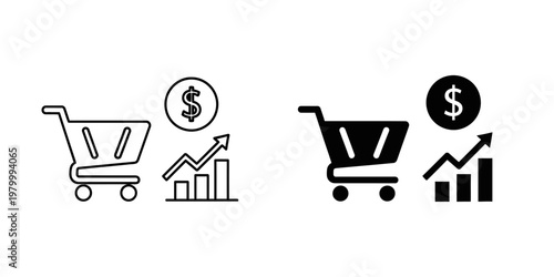 shopping cart with rising dollar coins growth profit flat design vector illustration
