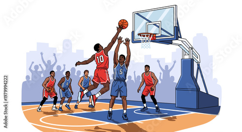 Dynamic illustration of a basketball game in action, featuring players competing on the court with a shooter and a blocker, cheered by a crowd.