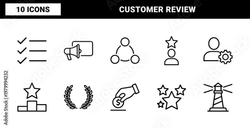 Feedback and review line icons set for customer experience and reputation.
