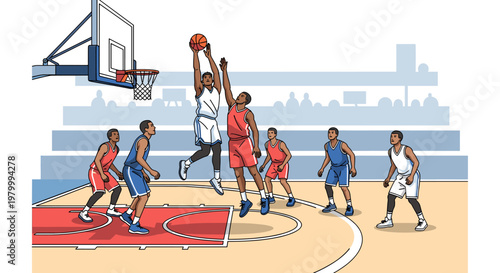 An intense moment in a basketball game with players jumping for the ball near the hoop on a court.