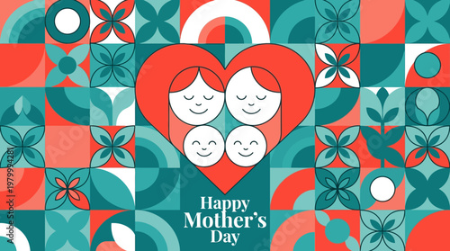 Happy Mother's Day Illustration with Geometric Family Portrait in Heart, Abstract Bauhaus Style Mosaic Background with Parents and Children