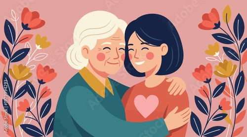 Happy Grandmother and Granddaughter Hugging, Floral Illustration of Family Love and Intergenerational Care for Mother's Day and Grandparents' Day