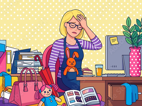 Stressed Mother Working from Home Illustration, Overwhelmed Woman in Messy Office with Toys and Files, Work-Life Balance and Burnout Concept Pop Art Style