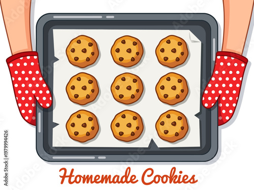 Vector illustration of hands in red polka-dot oven mitts holding a tray of freshly baked homemade chocolate chip cookies on a baking sheet