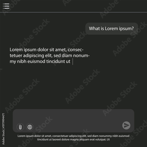 AI chatbot interface with conversation layout, message bubbles, and user input design. Website and mobile app layout for virtual assistant and AI-powered chat.