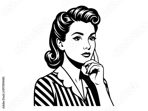 Vintage 1950s Style Pensive Woman Thinking Illustration - Retro Black and White Vector Art of a Classic Mid-Century Lady in Striped Shirt