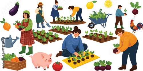 People gardening and farming activity vector set with farmers planting vegetables harvesting crops animals and fresh organic produce illustration