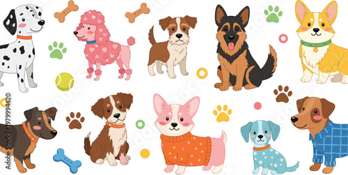 Cute dog breeds cartoon collection with playful puppies different canine characters paw prints and pet elements vector illustration set