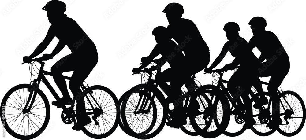 Obraz premium Family Cycling Silhouette – Parents and Children Riding Bicycles, Outdoor Activity and Healthy Lifestyle Vector Illustration