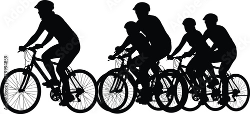 Family Cycling Silhouette – Parents and Children Riding Bicycles, Outdoor Activity and Healthy Lifestyle Vector Illustration