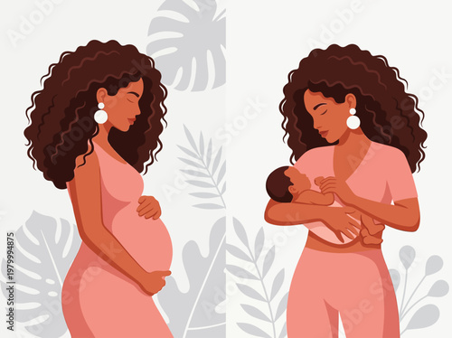 African American Woman During Pregnancy and Motherhood with Newborn Baby Illustration