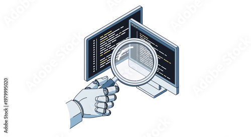 Isometric Robot Hand with Magnifying Glass Analyzing Code on Computer Screens, AI Software Development and Automated Debugging Concept