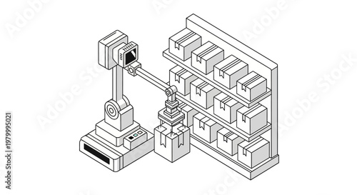 Isometric Robotic Arm in Automated Warehouse for Logistics and Fulfillment, Line Art Illustration of Smart Storage System and Robot Sorting Cardboard Boxes
