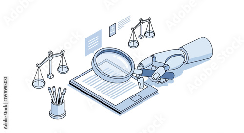 Robotic AI Hand Analyzing Legal Documents with Magnifying Glass and Scales of Justice Isometric Illustration