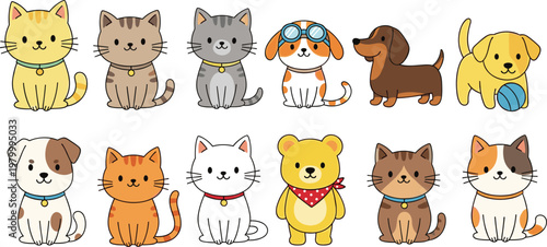 Cute pets cartoon collection with different cats dogs and teddy bear characters adorable domestic animals vector illustration set