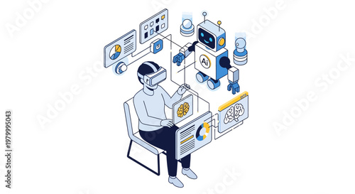 Isometric Illustration of Man in VR Headset Interacting with Artificial Intelligence Robot and Data Visualization Screens for Future Technology and Digital Innovation