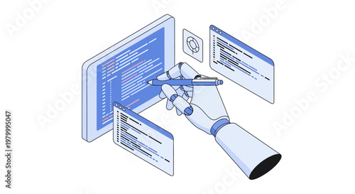 AI Coding and Software Development Isometric Illustration featuring a Robotic Hand Writing Program Code on a Tablet Screen with Floating UI Windows
