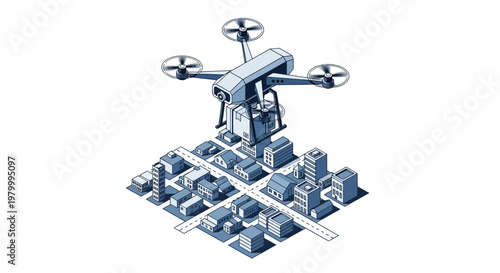 Isometric Drone Delivery over Urban Cityscape - Future Logistics Illustration