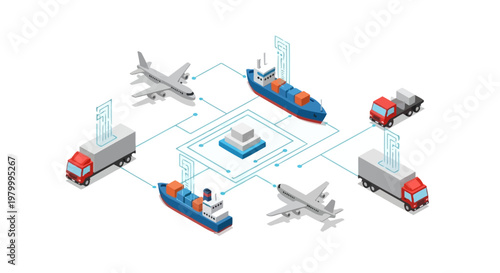 Global Logistics and Supply Chain Network Isometric Illustration with Cargo Planes, Ships, and Trucks Connected by Digital Tech Lines for Smart Distribution