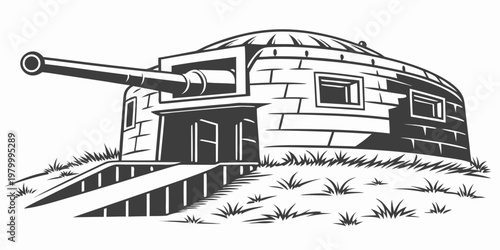 Artillery bunker with cannon and entrance black and white cold war bunker icon gun icon military icon structure icon building icon concrete icon grass icon hill icon defense icon