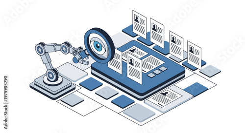 AI Recruitment Concept: Isometric Illustration of a Robotic Arm Scanning Resumes for Automated Talent Acquisition and HR Technology