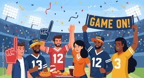 Diverse group of enthusiastic sports fans cheering at a vibrant stadium, holding a 'GAME ON!' banner, wearing jerseys, and enjoying snacks during a lively game.