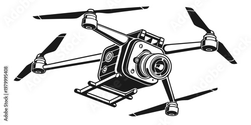 Graphic illustration of a tech camera drone with quadcopter technology photography videography unmanned illustration electronic innovation propeller stability surveillance autonomous
