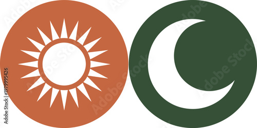 Bright orange sun and dark green crescent moon icons representing day and night cycle symbols
