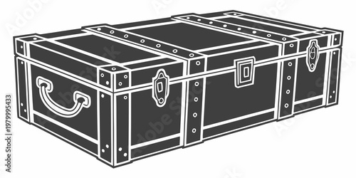 Large vintage wooden storage chest with metal hardware container hardware heirloom supplies logistics transport security shipping distribution illustration isolated rectangular