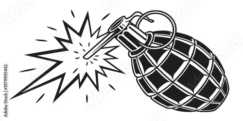 Black and white vector illustration of an exploding hand grenade with explosion explosive military detonator illustration isolated armaments tactical conflict weaponry equipment