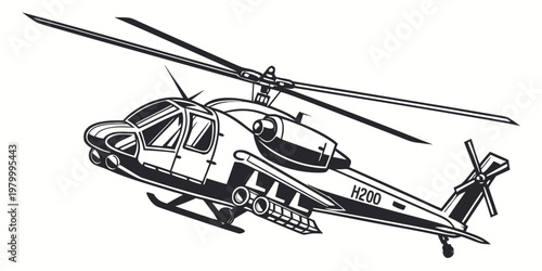 Black and white graphic illustration of a h200 model attack helicopter in flight with helicopter military aircraft aviation transport illustration isolated technology aerospace stylized