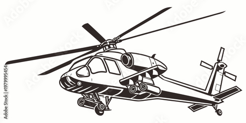 Military attack helicopter vector illustration in black and white silhouette style with helicopter military aircraft transport aviation airborne isolated silhouette illustration