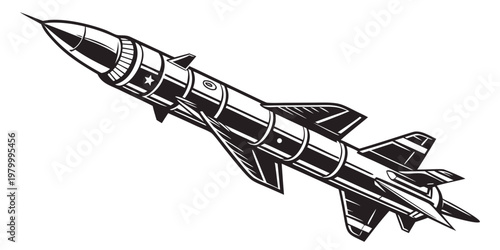 Surface to air missile in flight vector illustration style with military ballistic projectile isolated silhouette illustration monochrome tactical security explosive technology