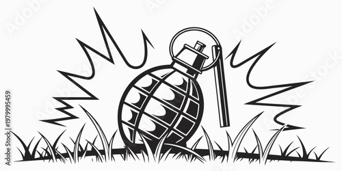 Black and white graphic illustration of a hand grenade lying in the grass with explosive military illustration isolated armaments tactical conflict detonator weaponry equipment