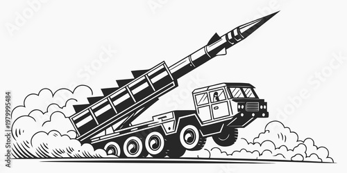 Military rocket artillery launching vehicle with dust cloud vector illustration launcher military artillery isolated silhouette illustration monochrome tactical security explosive