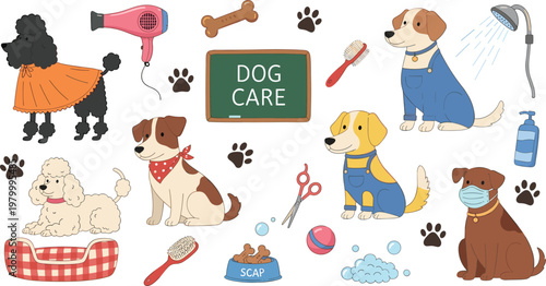 Dog care cartoon icons collection with grooming tools bathing feeding and pet hygiene elements for veterinary and pet service illustration set