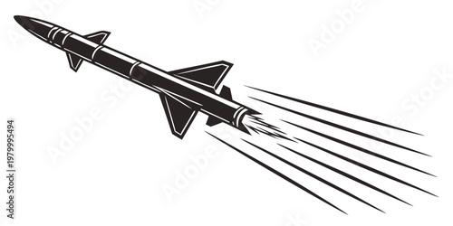 Monochrome graphic icon of a launching missile with exhaust trail and smoke motion lines missile system propulsion military supersonic ballistic projectile artillery illustration