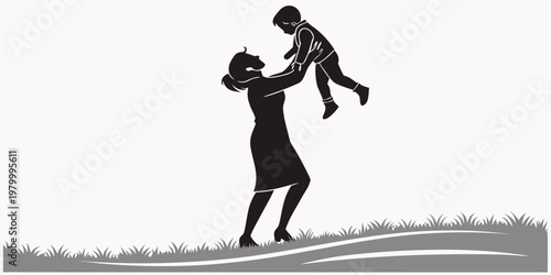 Silhouette of a mother lifting her young child high up in the air in a meadow with parenting silhouette outdoors childhood affection nurturing lifestyle playtime maternity maternal