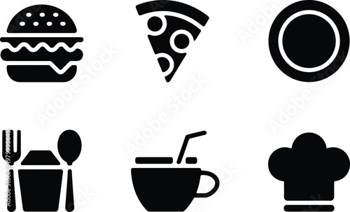 A collection of culinary icons featuring fast food items kitchen tools and professional chef hat symbols