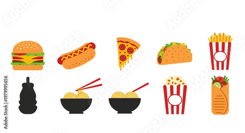 Colorful fast food icons and snacks.