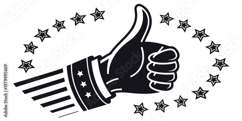 Graphic illustration of a thumbs up gesture surrounded by stars with approval positive feedback illustration business excellence achievement customer satisfaction excellent motivation