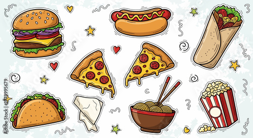 Colorful cartoon fast food items.