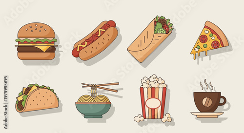 Colorful fast food icons set.