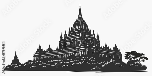 Ancient buddhist temple silhouette illustration featuring traditional pagoda architecture and ornate spires buddhist silhouette architecture religion building landmark historic monument